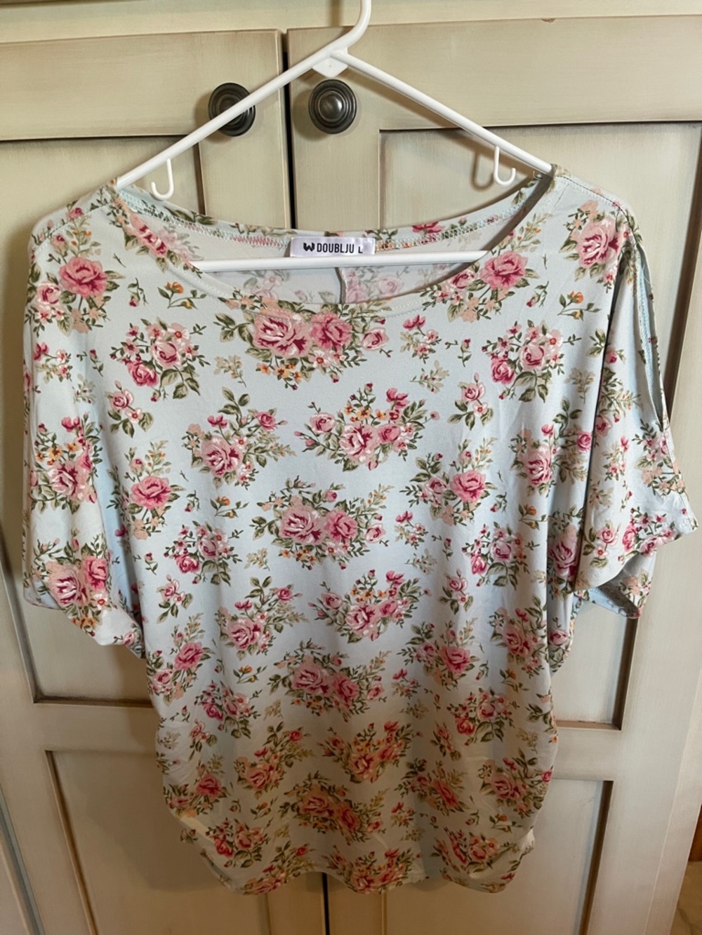 Doublju Pale Blue Floral Cold-Shoulder Blouse with Pink Roses